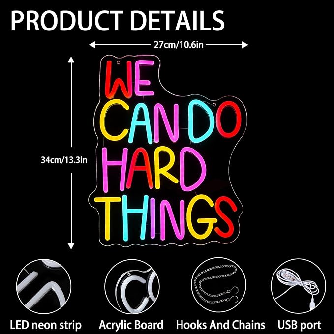 We Can Do Hard Things Neon Sign for Wall Decor Positive Inspirational Neon Light USB Dimmable Classroom Office Library LED Light Up Sign for Bedroom Birthday Party Classroom Backdrop Decoration