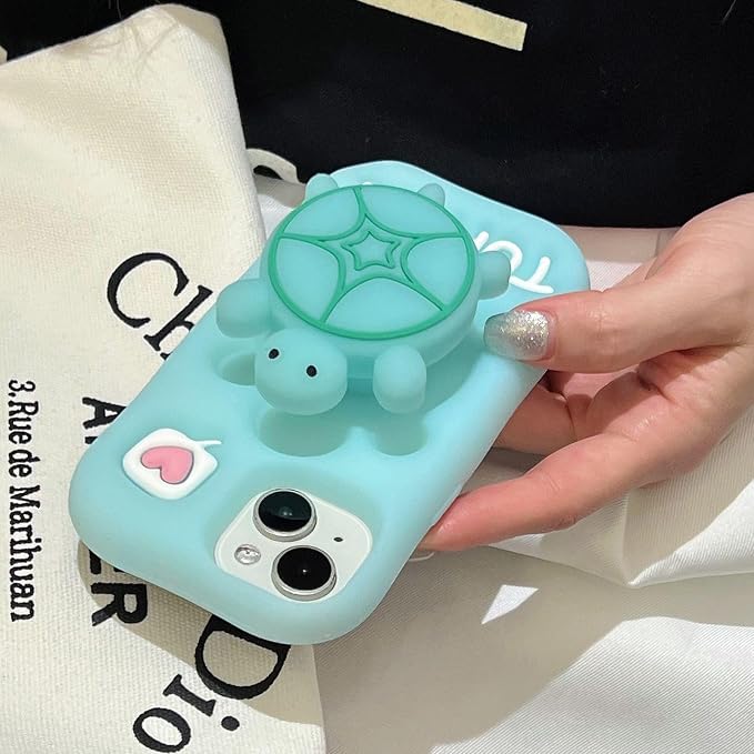 Kawaii Phone Case for iPhone 16 Promax with Kickstand Cute 3D Cartoon Night Light Turtle Silicone Protective Case Cover for Women & Girl