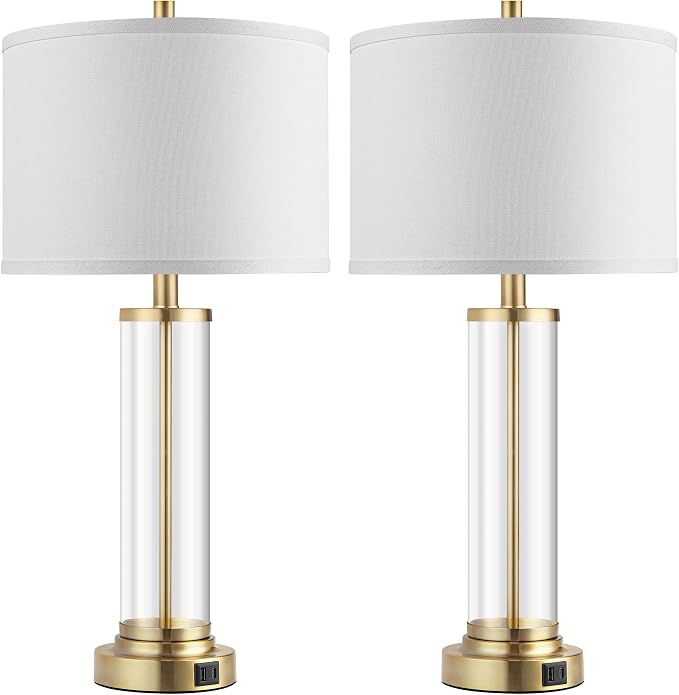 QiMH Lamps for Bedrooms Set of 2, Touch Control Table Lamps with USB A+C Ports, 3-Way Dimmable Bedside Lamp with Fabric Lampshade, Modern Nightstand Lamp for Living Room Bedroom (LED Bulbs Included) | 2 Dimmable LED Bulbs, USB A+C Charging Ports, Moder...