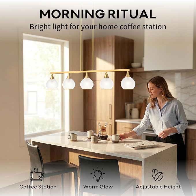 Kitchen Island Linear Pendant Light, 5-Light Gold Dining Room Chandelier with White Glass Globe Shades, Modern Linear Lighting Fixture Over Table