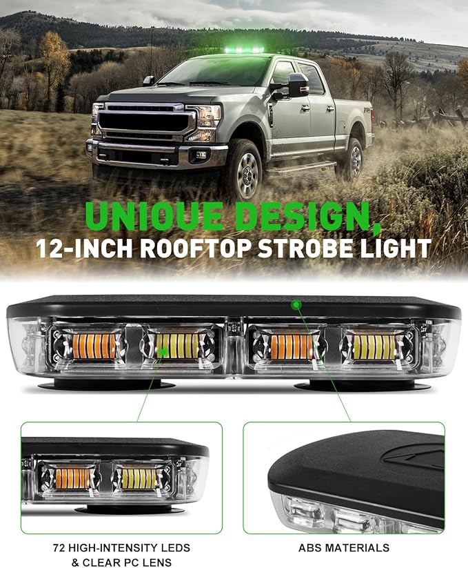 HLauto 700A Rooftop Emergency Strobe Lights Bar, 72 LED Green White Mini Beacon Safety Flashing Warning Traffic Lights Bar w/Magnetic Base for 12-24V Trucks, Construction Vehicles, Snowplow, Cars