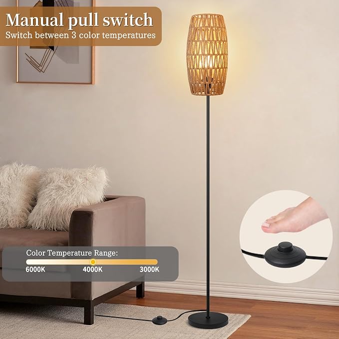 Ruiever Floor Lamp for Living Room,Farmhouse Floor lamp,Modern Standing lamp with Hand-Worked Rattan Shade (Drum Shade-with Remote)