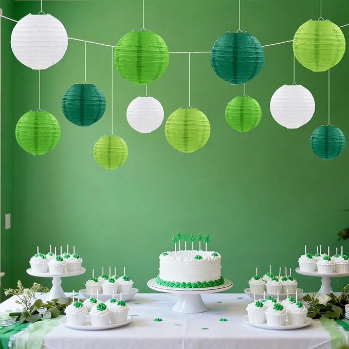 Green Paper Lanterns Party Decorations, Round Hanging Lanterns for Jungle Safari Party Supplies St. Patricks Day Decoration (12 PCS)