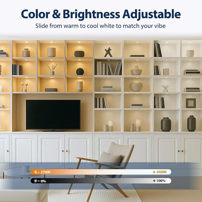 V4light LED Puck Lights, Smart Under Cabinet Lighting with Remote, 8 Pack | Dimmable 2700K-6500K, Alexa Voice Control, Plug-In Wired, Adhesive Mount, For Kitchen Counter Closet Shelf Display Case