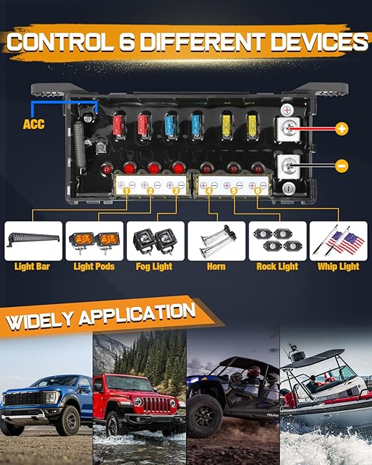 6 Gang Wireless Switch Panel, Niking Auto Multifunction Remote Control Switch Box with Toggle Pulsed LED Switches Memory 4 Light Modes 12V 80A Circuit Control Relay System Pods for Trucks ATV Boat
