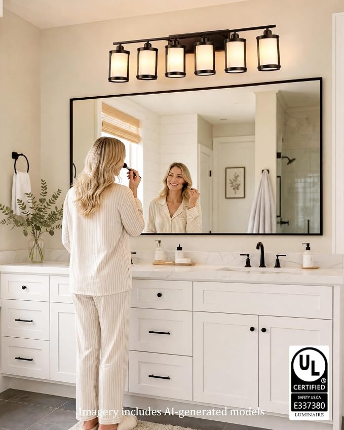 6-Light Oil Rubbed Bronze Bathroom Light Fixtures Over Mirror with Frosted Milk Glass and Metal Cage Shade, 42" UL-Listed Modern Farmhouse Wall Sconce for Bath, Hardwire E26, OS-3014ORBW-6W
