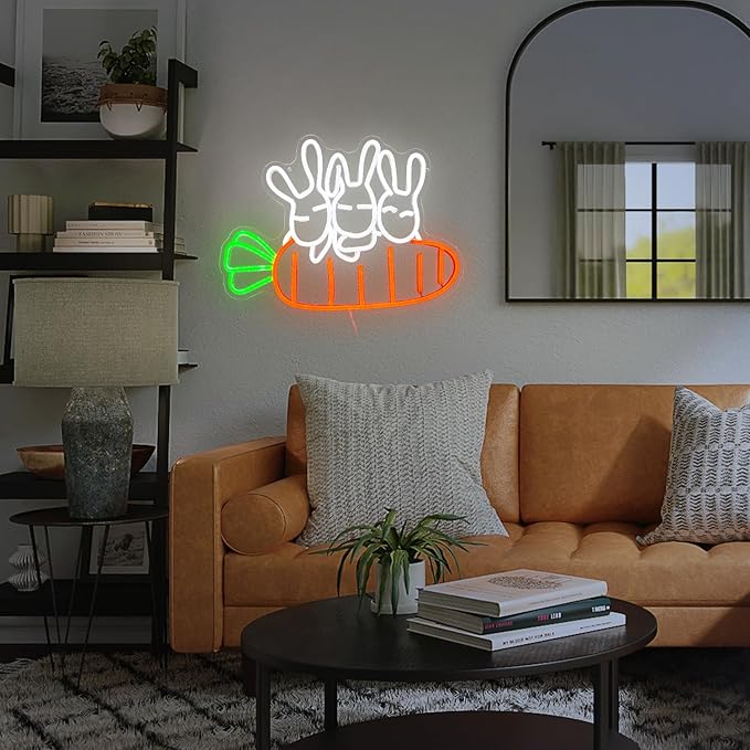 Rabbit Carrots Neon Sign Led Easter Neon Light For Wall Decor Light Up Carrots Sign USB Powered Rabbit Neon Light Signs For Art Restaurant Easter Party Animal kindergarten Room Childrens Birthday Gifts (16.9‘’*12.6‘’）
