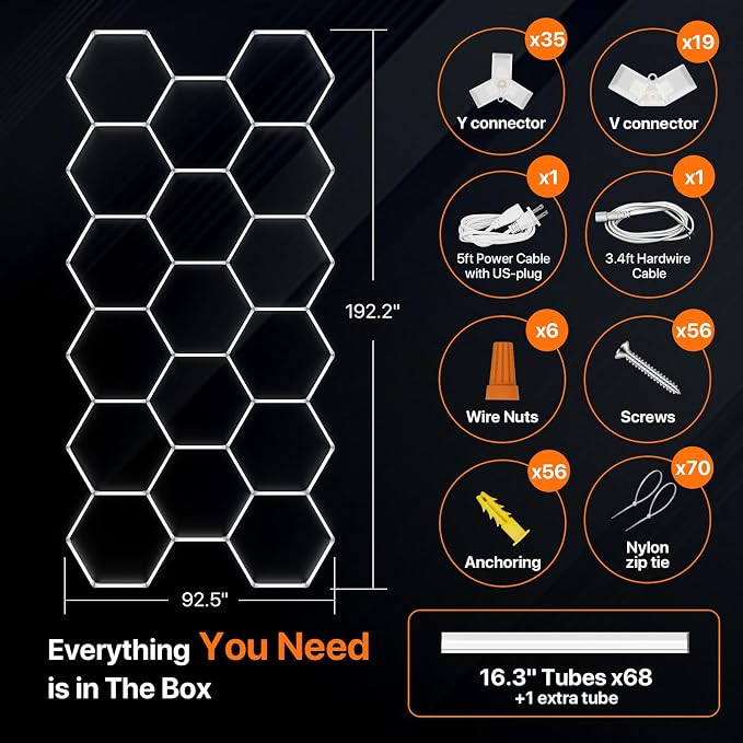 Hexagon Garage Lights: 476W 17 Grids Hexagon Led Lights 52360LM | 6500K Ultra Bright Hex Light, DIY Honeycomb Light for Garage, Shop, Basement, Barber, Homegym, Car Detailing, Studio
