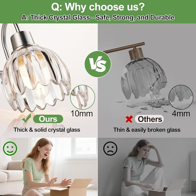 3-Light Bathroom Light Fixtures, 20" Vanity Light Over Mirror with Ribbed Clear Tulip Glass Shades, Brushed Nickel Wall Lights for Bathroom, Bedroom, Living Room, Hallway (Bulb Not Included)