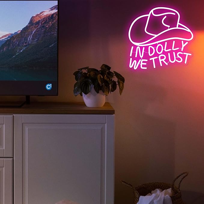 In Dolly We Trust Neon Sign, Pink Cowgirl Hat LED Signs, Country Retro Style Western Wall Art, USB Powered for Teen Bedroom Man Cave Party Aesthetic Christmas Birthday Gift(12.9 * 13.3in)