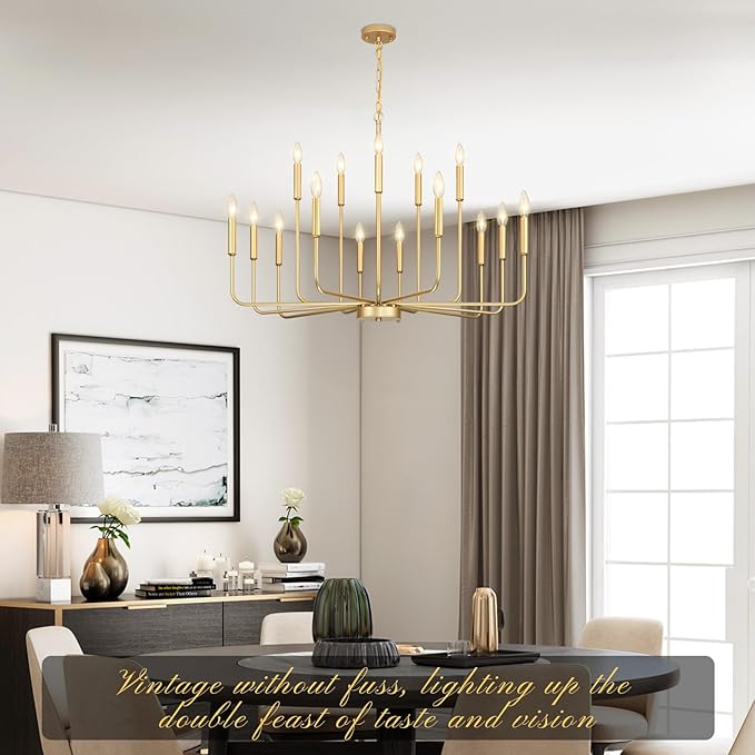 Gold Chandeliers for Dining Room Light Fixture Over Table, Modern Farmhouse Chandeliers for Living Room,15-Lights Industrial Metal Candle Lighting Fixtures for Entryway Kitchen Island Foyer