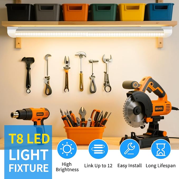 CNSUNWAY LED Shop Light 2FT, 22W 3300LM 3000K, V-Shape T8 LED Tube Light | Utility Linkable Shop Lights, Under Counter Light for Workbench, Kitchen, Basement, Plug and Play, 2 Pack, ETL Listed