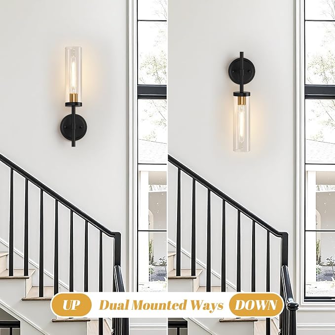 MOKATNG Hardwired Wall Sconces, Black and Gold Bathroom Sconces with Clear Glass, Modern Wall Light Fixtures for Bathroom Mirror Vanity, Living Room, Bedroom, Hallway, Stairway, Cabinet, Foyer