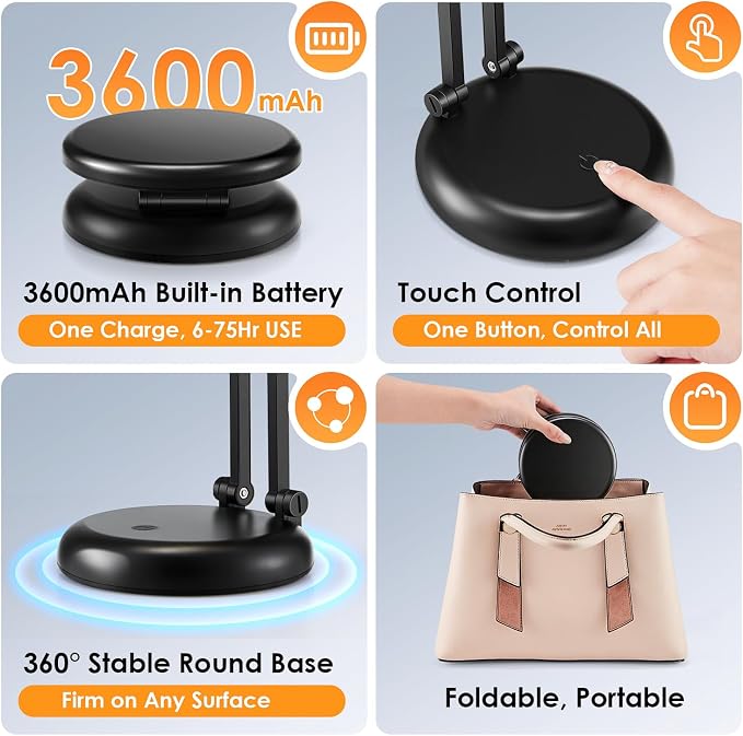One Fire Cordless Lamp, 3600mAh Battery Operated Lamp, Rechargeable Lamp | 3600mAh Battery, 200H Use, 10 Brightness Levels, Foldable Design, Wireless Portable Light, Memory Function
