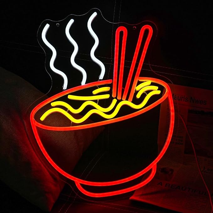 Ramen Neon Sign for Wall Decor Noodle LED Neon Lights Dimmable Food Noodle Light Up Signs LED Neon Signs for Japanese Resturant Home Bar Kitchen Room Cafe Decorction(16.5"*12.9")