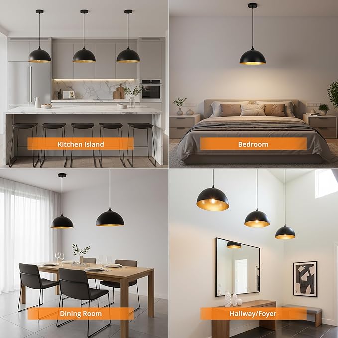 3 Pack Black Pendant Lights for Kitchen Island 11.8" Modern Pendant Lighting Fixtures Farmhouse Vintage Hanging Ceiling Light Fixture for Dining Room Foyer Hallway Bar Cafe Kitchen Sink Matte Dome