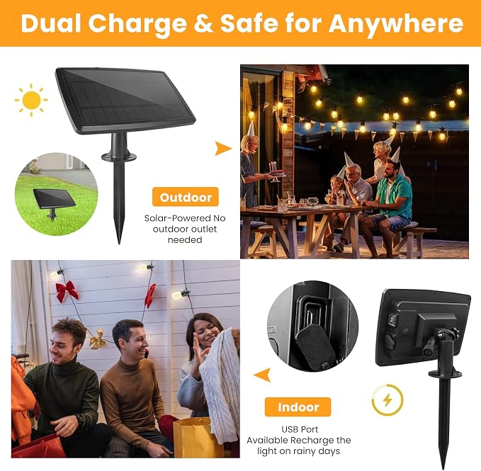 Yusist 104FT(98+6) Solar String Lights Outdoor Waterproof, Solar Powered Patio Light with 30+2 Dimmable S14 Edison Bulbs Shatterproof & Remote Control, Solar String Lights for Outside Garden Backyard
