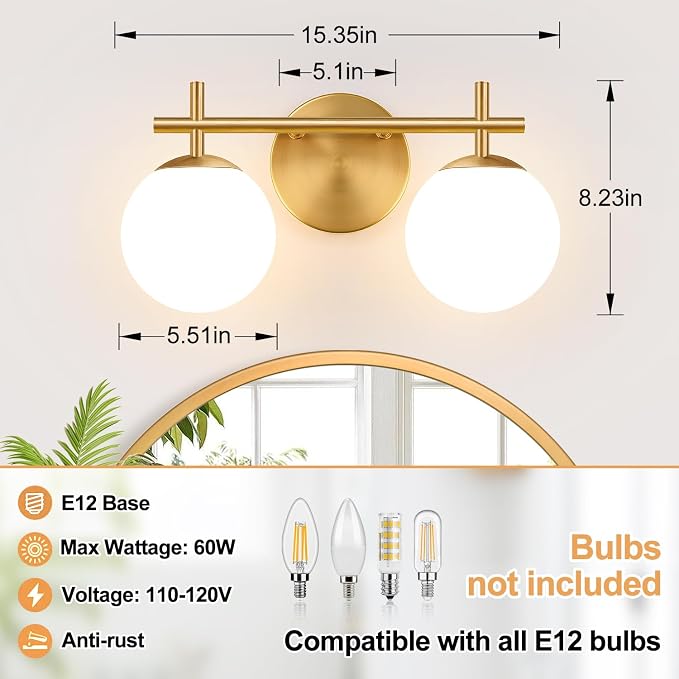 MOKATNG 2-Light Bathroom Light Fixtures, Brushed Gold Vanity Lights for Bathroom with Milky White Glass Shade, Bathroom Lighting Fixtures Over Mirror, Wall Sconce for Bedroom (Bulb Not Included)