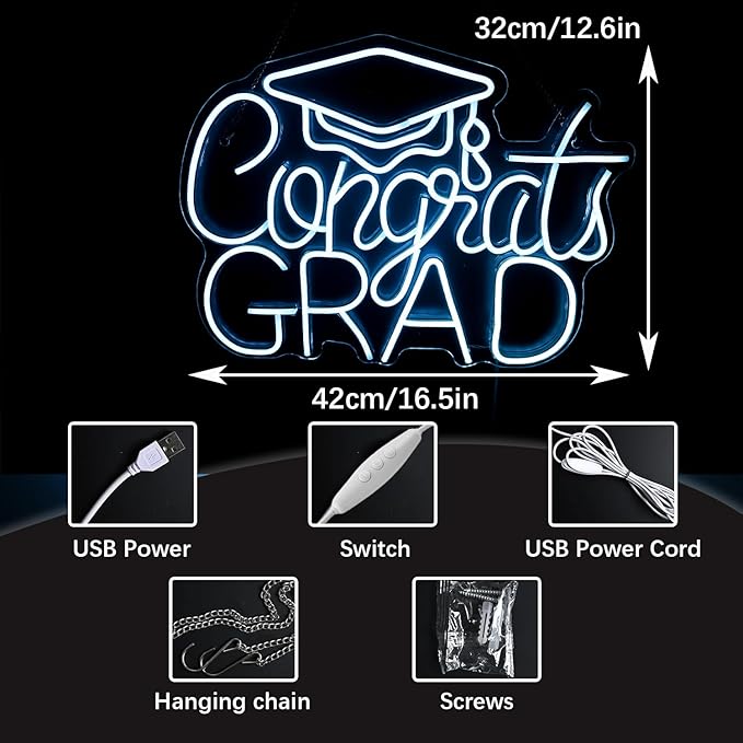 “Congrats Grad” Ice Blue Neon Sign – 16.5×12.6 in Unique Aqua-Tone LED Light for Med School & Engineering Grads, Dimmable with Wired Controller, Includes Wall Anchors – Class of 2026