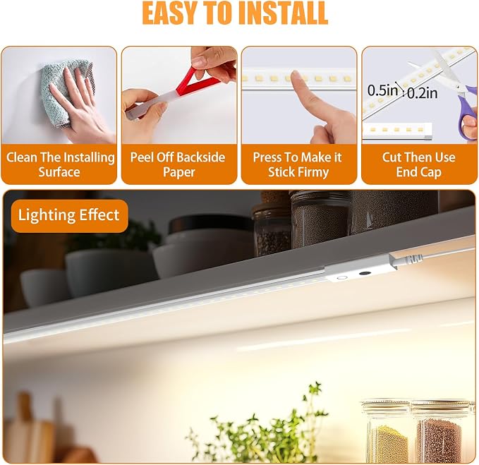 Smart Under Cabinet Lights, 40in Plug in Under Cabinet Lighting with Handwave Sensor, Bright Dimmable 5 Color Temp Stick on Closet Light, Slim Cuttable Under Counter Lights for Kitchen Desk Shelf