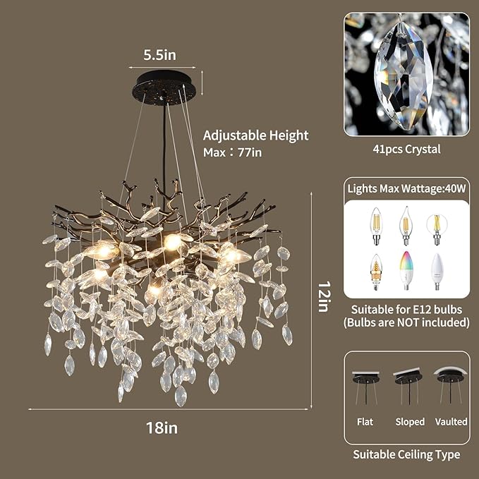 EGM Black Tree Branch Crystal Chandelier, 18 Inch Modern Dining Room Crystal Chandelier 6-Light(E12), Hanging Round Chandeliers for Living Room Bedroom Foyer