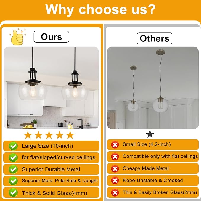 Modern Pendant Lights Kitchen Island, Matte Black Pendant Light Fixtures with 10" Clear Glass Shade, Industrial Hanging Pendant Lights Fixture for Kitchen Island, Dining Room, Bedroom, Foyer, Entryway
