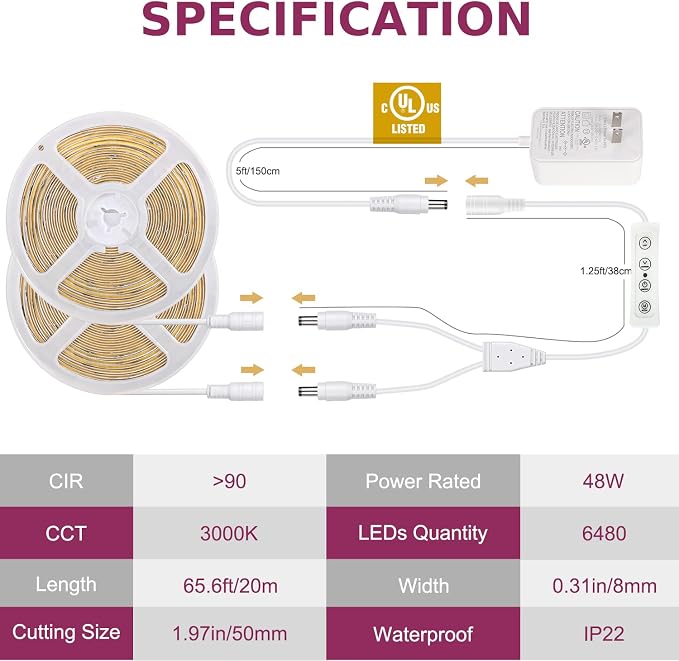COB LED Strip Light Warm White, 66ft Dimmable 3000K Super Bright White Led Lights with Remote and UL Power Supply, 24V Flexible LED Tape Light for Bedroom, Kitchen, DIY Lighting (2 Rolls of 33ft)
