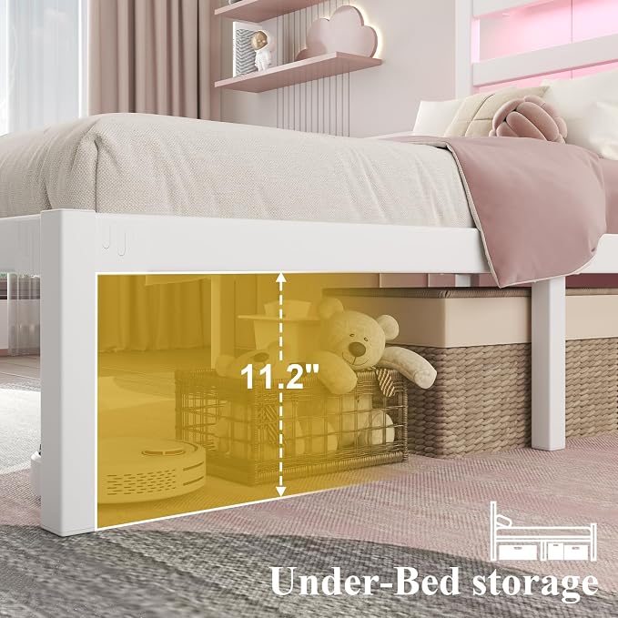 LOEWAY Twin Size Metal Bed Frame with Storage Headboard & LED Lights, White | Built-In Charging Station, Under-Bed Storage, Heavy Duty Metal Slats, No Box Spring Needed, Solid and Stable, Easy Assembly