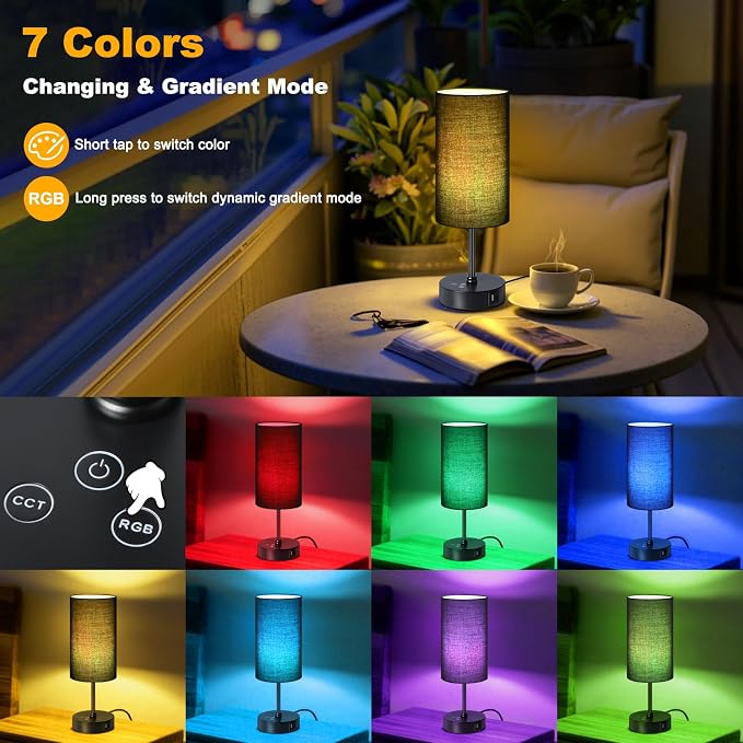 Table Lamp with 3 CCT (3000K/4500K/6500K), Stepless Dimmable Bedside Lamp with 7 Color Changing, Modern Nightstand Light with Black Shade for Bedroom, Kids Room, Home, Office