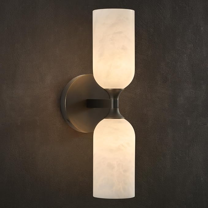 14" Alabaster Wall Sconce, Antique Oil Rubbed Bronze Black Brass | Natural Spanish Alabaster, Unique Marble Pattern, Solid Aged Brass, Elegant Statement Design, Horizontal or Vertical Mounting