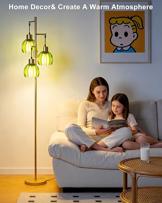 Lightdot 65'' Green Glass Floor Lamp Dimmable Gold Floor Lamps with Lotus Glass Shade& 3000K Bulbs Included 3-Lights Modern Tall Standing Lamp with 5Lbs Heavy Base for Living Room/Bedroom/Sofa Beside
