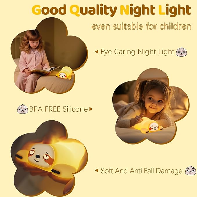 Cute Sloth Gifts Night Light, Funny Sloth Lamp, Rechargeable Squishy Dimmable Weird Nightlight, LED Novelty Animal Cute Stuff, Room Dorm Décor, Silicone Touch Light Up Sloth for Baby Kids