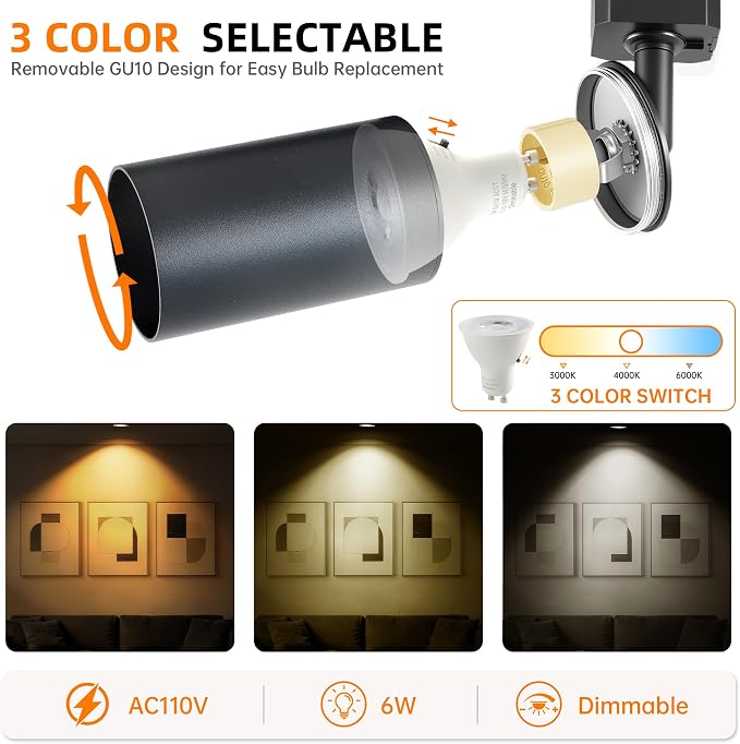 3-Color LED Track Lighting Kit with Floating Canopy Connector, 6-Light H Type Rail System with 6.6FT Rails, Dimmable GU10 Bulbs Included, Adjustable Ceiling Spotlights for Kitchen(6, Black)