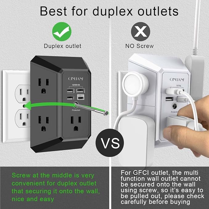USB Wall Charger, Surge Protector, QINLIANF 5 Outlet Extender with 4 USB Charging Ports (4.8A Total) 3-Sided 1680J Power Strip Multi Plug Outlets Wall Adapter Spaced for Home Travel Office, Black