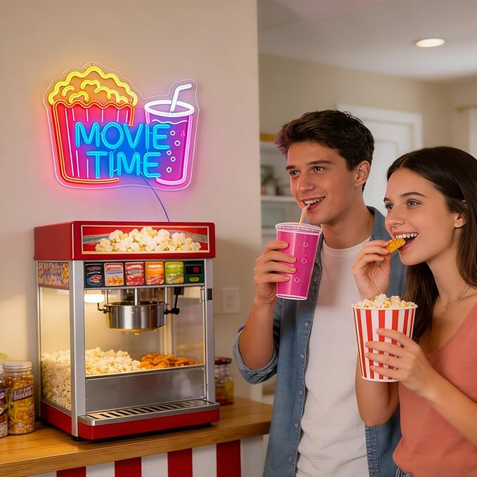 Movie Time Neon Sign with Popcorn & Drink - Dimmable LED Light for Home Theater & Movie Night Room Decor | Gift for Film Lovers (15x12”)