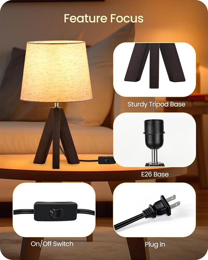 Small Table Lamp for Bedroom, 14.6" Bedside Lamp with Beige Linen Shade & Walnut Wood Tripod Base, Modern Nightstand Lamp for Living Room, Nursery, Entryway, E26 Socket, VE51TL05