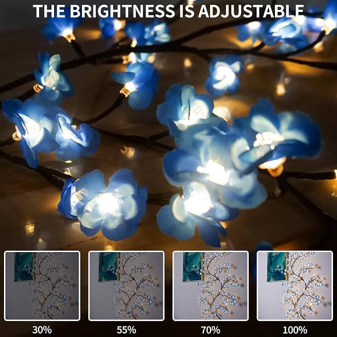 7.55FT 144LED Blue Cherry Blossom Tree Branch Lights for Wall, Battery Box | Cherry Enchanted Willow Vine Lights with Remote Timer,8 Light Model,Bedroom Wall Wedding, Christmas,USB Battery Box