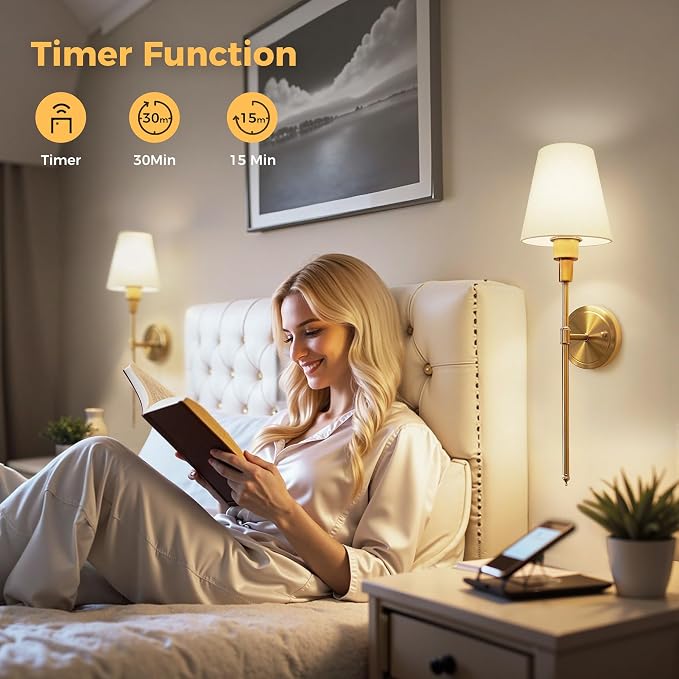 Battery Operated Wall Sconce: Set of 2 Wireless Wall Light 12000mAh | 15 Color Rechargeable Wall Sconces, Sconce Wall Decor Set of 2 for Bedroom, Living Room, Gold, 24.6in