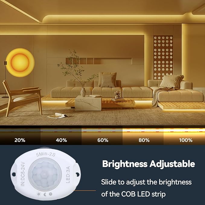 Under Bed Lights Motion Sensor COB LED Strip, 6.56Ft 3000K Warm Motion Activated LED Light Strip for Bedside, 24V Dimmable Motion Sensor Night Light COB Strip for Under Cabinet Stair Closet