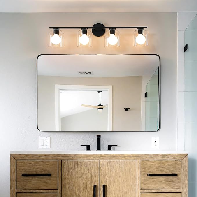 WOSHITU Bathroom Vanity Light Fixtures: 32.3 Inch Modern Matte Black Bathroom Lighting Fixtures Over Mirror with Clear Glass Shade 4 Light Vanity Lighting Fixtures Farmhouse Vanity Lights