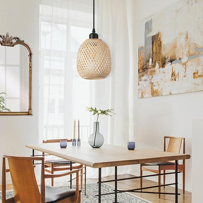 1pcs Hand Woven Bamboo Boho Chic Pendant Light,Adjustable Cord Bamboo Rattan Ceiling Hanging Light for Dining Room Bar Cafe Restaurant Craft Room