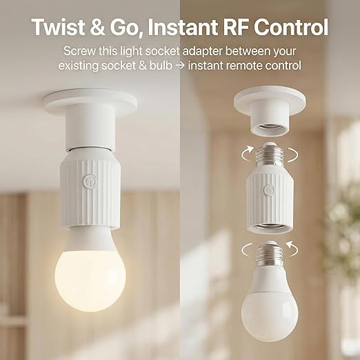 LoraTap Remote Control Light Socket, Wireless Light Switch for Pull Chain & Bare Fixtures, Wall Mount, 100ft Range for Closet, Basement & Garage, E26 E27 Adapter, No Wiring (1 Remote + 2 Sockets)