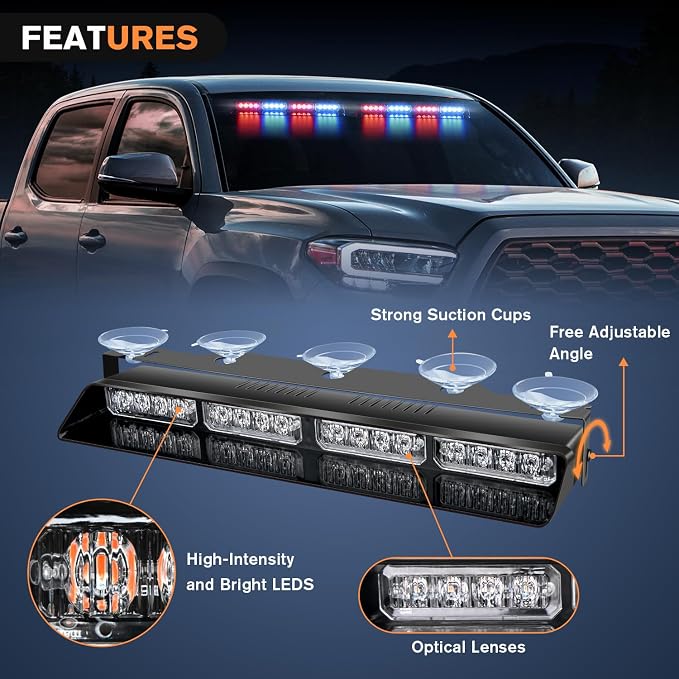 Nilight 32LED Red Blue Emergency Dash Strobe Lights with Controller | Suction Cups Warning Hazard Interior Front/Rear Windshield Deck Split Light Bar for Trucks Construction Vehicles