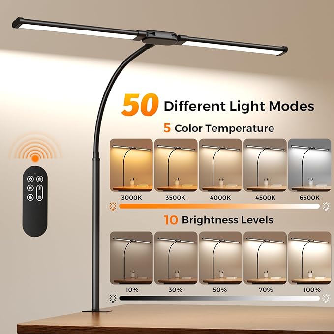 LED Desk Lamp with Clamp - Double Head Desk Light with Remote and Touch - Eye Protection - 12 W, 5 Color Modes, Timer and Memory Function, Flexible Gooseneck - for Office, Reading - Black