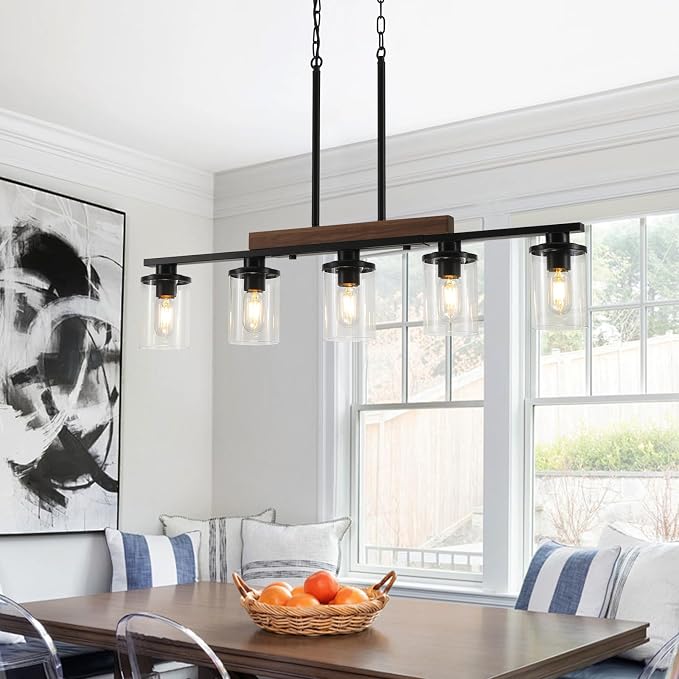 36.2‘’ Kitchen Lighting, 5-Light Dining Room Light Fixture Chandelier Over Table, Black Modern Rustic Wood Ceiling Pendant Light Fixtures, with Clear Glass Shade, Farmhouse Chandelier | 5-Light, Modern Rustic Wood Frame, Adjustable Height, Clear Glass ...