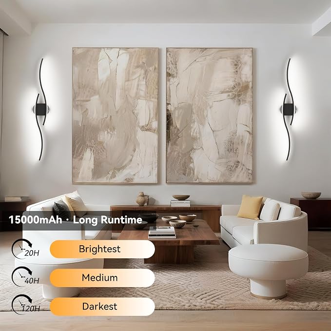 hunhun Battery Operated Wall Sconces Set of Two, Wireless Wall Sconce with Remote Control, Black Rechargeable Sconces 3000K-6500K, RGB Dimmable Wall Lights for Living Room, Hallway, Bedroom (2 Pack)