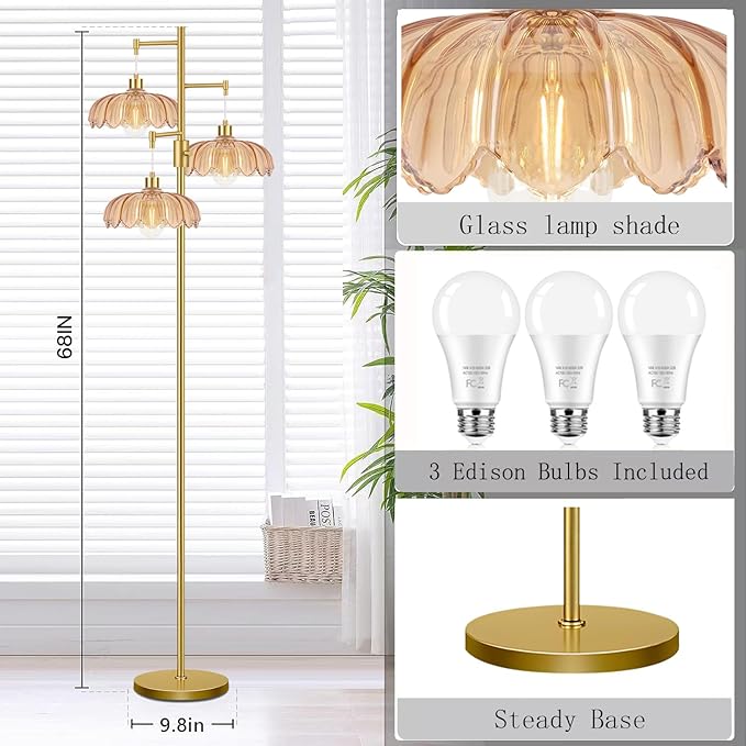 Gold Floor Lamps for Living Room Bedroom-3 Light Glass Floor Lamp with Three Led Bulb, Flower Tall Floor Lamp Dimmable Mid Century Modern Standing Lamp Vintage Tree Floor Lamps for Bedroom Corner
