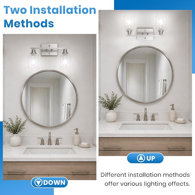 Ascher 2 Light Bathroom Light Fixture, Brushed Nickel Bathroom Lighting Fixtures Over Mirror, Vanity Light with Clear Glass Shade, Wall Sconce for Living Room Bedroom Cabinet, E26 Base