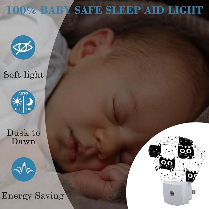 Cute Black and White Cat Night Light for Kids, Doodle Cat LED Night Light Plug into Wall with Dusk to Dawn Sensor for Girls Boys Women Men Room, Hallway, Kitchen, Bathroom, Stairs Decor