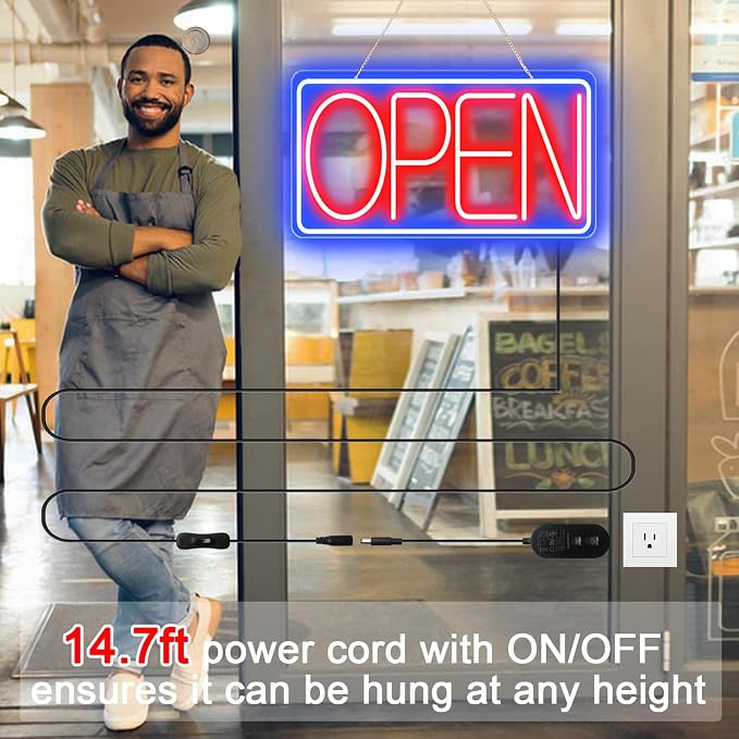 16.5" X 9" Led Neon Open Signs for Business - 12V/2A Ultra Bright Led Neon Sign with ON/OFF Switch - Plug In Electric Light Up Sign for Bar, Salon, Coffee Stores, Club, Hotel (Horizontal)